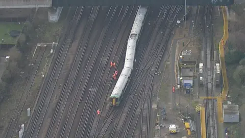 Aerial view of derailed train.