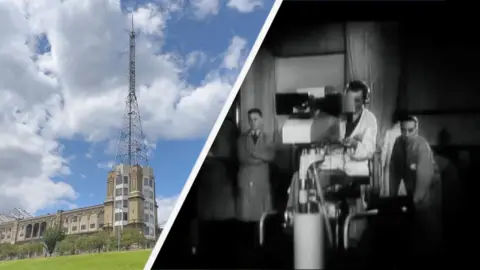 Split thumbnail: Alexandra Palace in north London (Left) and BBC Camera operator using the EMI electronic camera in 1936 (Right)