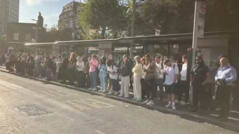 A large group of people stand in an orderly queue at a bus stop in central London. It is a sunny morning.