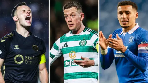 Hearts captain Lawrence Shankland, Celtic skipper Callum McGregor and Rangers captain James Tavernier