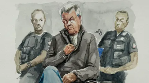 Reuters Dominique Pelicot, who has allegedly drugged and raped his wife Gisele Pelicot, appears during his trial with 50 co-accused at the courthouse in Avignon, France, September 17, 2024, in this courtroom sketch