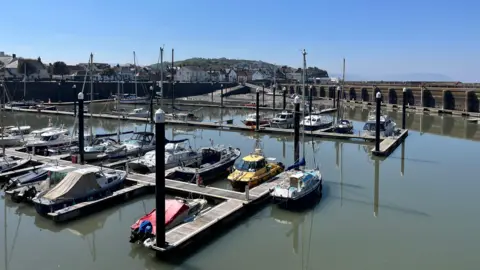 Boats moored in rows in Watchet Harbour on a sunny day