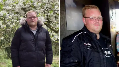 West Mercia Police A side‑by‑side photo of a man in two different places. On the left, he is outdoors on a dirt path surrounded by green trees and a large tree covered in white blossoms, wearing a black puffer jacket with a fur‑lined hood. On the right, he is indoors near a table, wearing a black jacket with white lettering and holding a small object, with a framed picture and a bright window behind him.