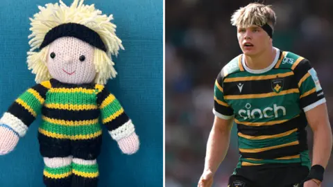 A composite image of Henry Pollock, with blond hair and black headband. He is wearing a rugby top and black shorts. The other image is a knitted version of him, with a long top on and black shorts. 