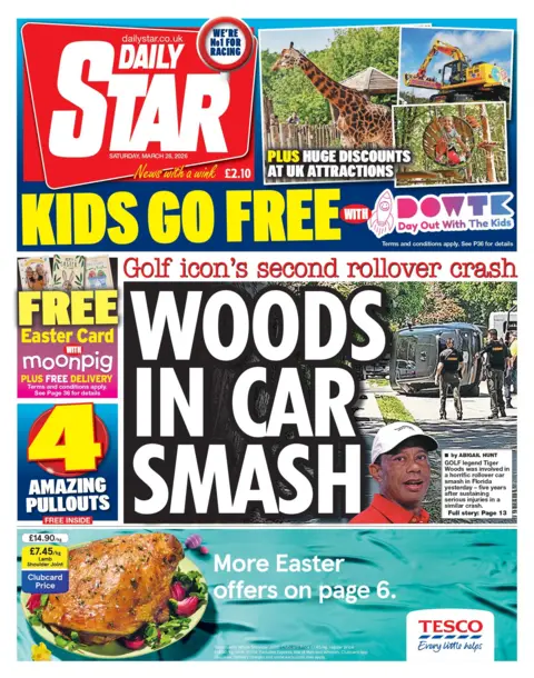 "Woods in car smash," reads the headline on the front page of the Daily Star.