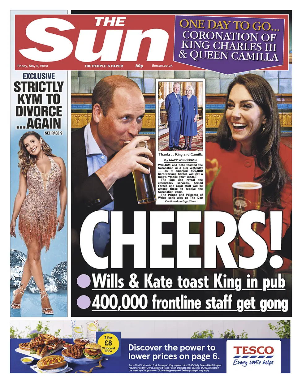 The headline in the Sun reads: "Cheers! Wills & Kate toast King in pub"