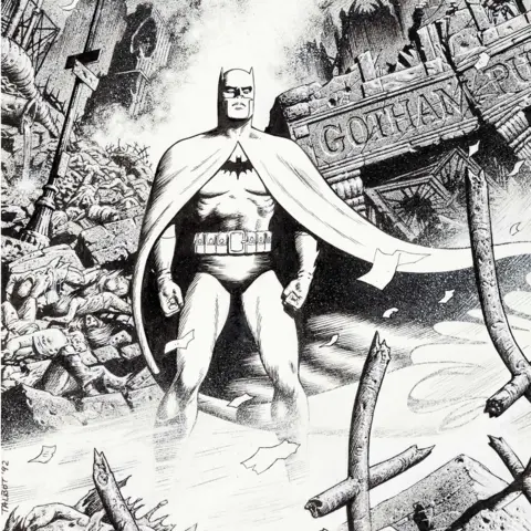 Bryan Talbot Black and white cartoon artwork showing Batman amid destruction