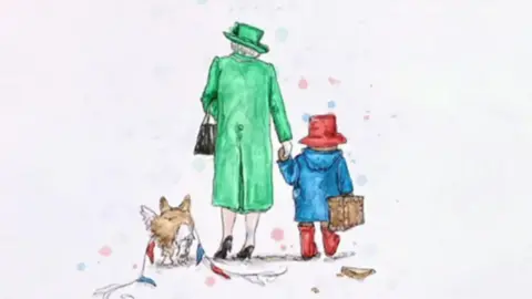 Eleanor Tomlinson A handrawn picture of an elderly woman in a smart green coat and hat holding hands with a smaller figure in a blue coat , red hat and red boots. They have their backs to us and are walking away