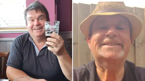 Mick Collins Mick Collins has lost weight on GLP-1's. In the first photo on the left he is heavier and is a brown haired man wearing a navy t-shirt. On the right, he is visibly thinner and is wearing a straw hat. 