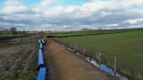 Blue pipes line a section of a muddy field while wooden posts run parallel to the pipes.