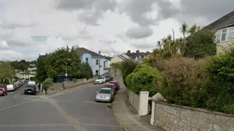 Shirburn Road in Torquay, with bushes on one side of the road and three parked cars. On the other side are two parked cars. There are houses either side. 