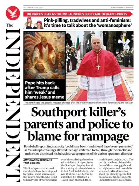 "Southport killer's parents and police to blame for rampage," reads the headline on the front page of the Independent.