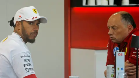 Lewis Hamilton and Frederic Vasseur having a chat after the Miami Grand Prix
