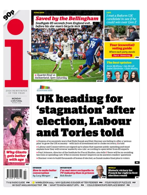 The headline on the front page of the i reads: “UK heading for 'stagnation' after election, Labour and Tories told