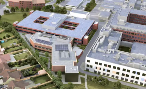 Kettering General Hospital An artist impression shows the proposed building at the Kettering General Hospital. The maternity expansion is part of a rectangle buildings, which tails off into an L shaped building. 