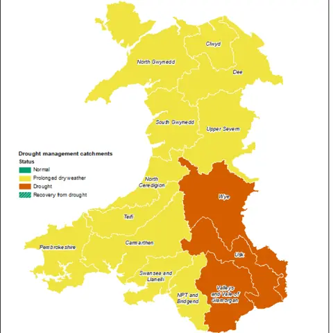 Natural Resources Wales A map of Wales. The majority of the country is coloured yellow, signalling it is under a 'prolonged dry weather' status, apart from the south east of Wales. The south east, including parts of Powys, Monmouthshire, Cardiff and Rhondda Cynon Taf are coloured orange, which signals drought status.