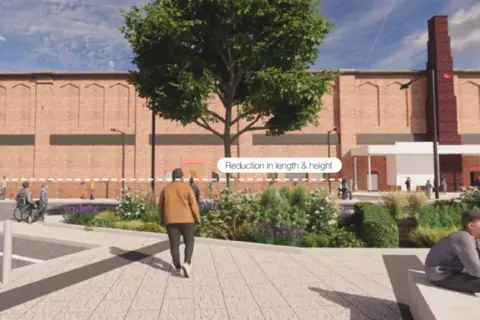 Cumberland Council A CGI shows wide pavements and parking spaces by the new piazza space. A tree grows in the centre of a number of bushes placed by the pavement.