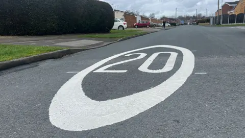 A large white 20mph sign painted on a residential road in Hedon