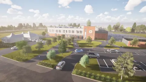 City of Wolverhampton Council An ariel view shows a large parking area broken up with greenery and trees and some cars parked up. The artist impression also show a marquee on the left of the school with the grey and brick main school building set back from the parking area.