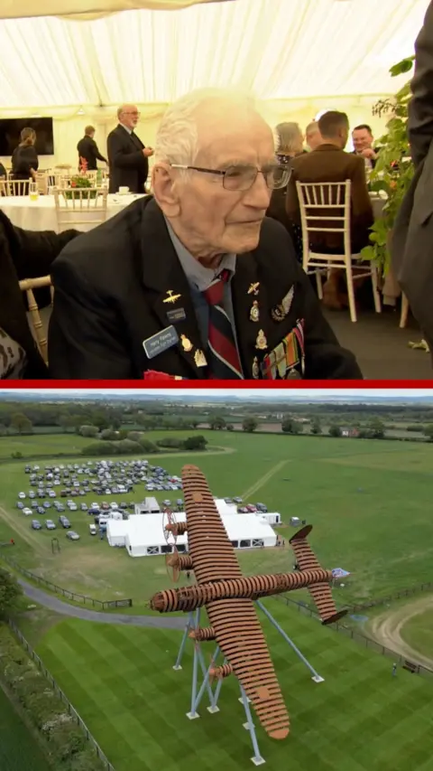 A composite image of World War Two veteran Harry Parkins and the Lancaster bomber sculpture