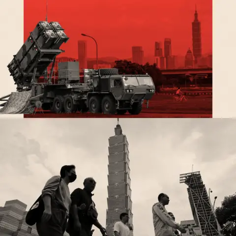 How Taiwan is preparing for a China attack with acting, fake blood and fake missile attacks 30 BBC A treated montage image showing people walk past the Taipei 101 skyscraper building in Taipei, Taiwan and also an image of Taiwan military Patriot air defense system deployed at a park as part of the annual Han Kuang military exercises, in Taipei, Taiwan