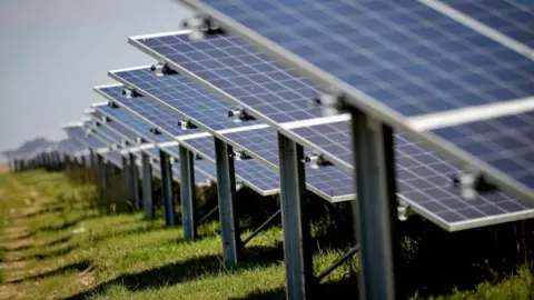 Rows of black and white solar panels on metal struts in a field