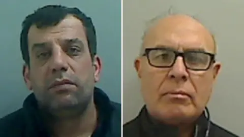 NCA Pareiz Abdullah and Gurprit Kahlon Singh; mugshots of two men, one with dark hair and the other, largely bald, wearing black-rimmed glasses.