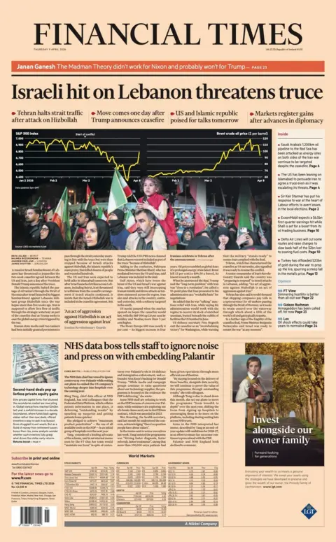 The headline on the front page of the Financial Times reads: “Israeli hit on Lebanon threatens truce”.