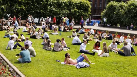 A large group of people sunbathing in a park.