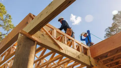 Low angle view of carpenters working on the rooftop of a construction frame. There are trees in the background and it is a sunny day.
