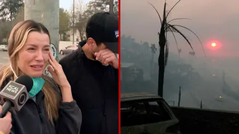 Split screen of a couple looking upset and the hazy pink sun with a charred car and tree