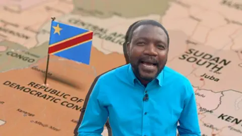 BBC reporter Emery Makumeno in front of DRC map and flag