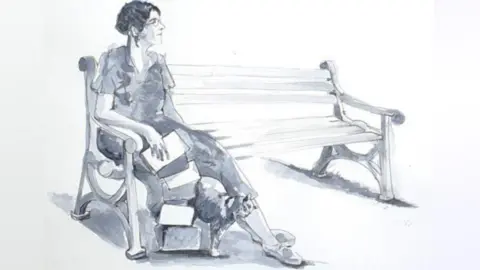 Denise Dutton A black and white watercolour sketch of how the statue of Sylvia Townsend Warner might look. She is sitting on one end of a bench with a cat at her feet.