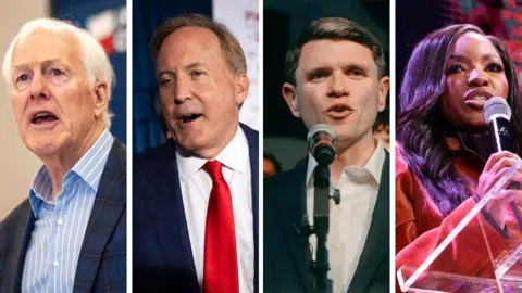 A composite image shows Texas politicians John Cornyn, Ken Paxton, James Talarico and Jasmine Crockett addressing their respective supporters