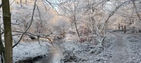 Iain Ingram Landscape image of a small river on the left with a path on the right, shielded by trees covered in ice on a bright sunny day