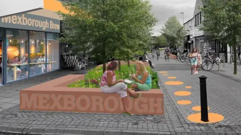 City of Doncaster Council An artist's impression shows a small brown wall with the word Mexborough carved into it and two women sitting on the wall. People are walking along a pedestrian area with large orange circles painted on the paving