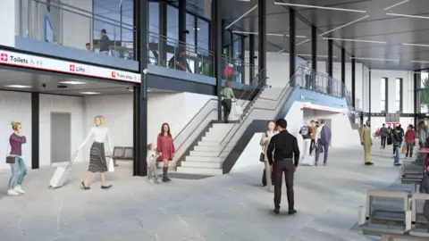 A computer-generated image depicting people moving about a two-storey concrete and glazed space, with open staircase to a second floor and areas to sit and buy tickets.