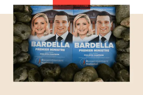 Getty Images Two National Rally electoral posters with images of Marine Le Pen, President of the National Rally group in the National Assembly, and Jordan Bardella, President of the National Rally