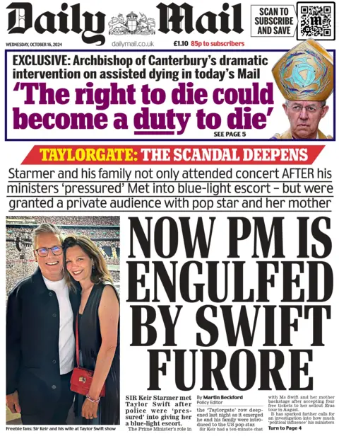 Daily Mail The Daily Mail paper  beforehand   leafage   has a header  which reads "Now PM is engulfed by Swift furore" with an representation  of Keir Starmer and his woman  astatine  a Taylor Swift concert