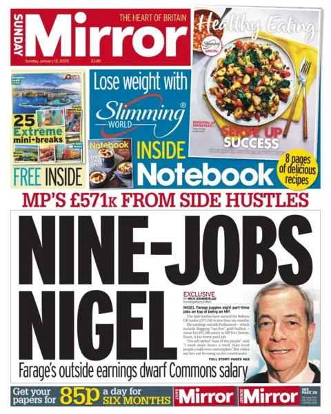 Judul utama di Sunday Mirror berbunyi: Nigel dengan sembilan pekerjaan