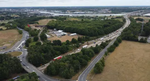 Aerial view of A14 and A14/A137 junction near Ipswich with Orwell Bridge lane closures