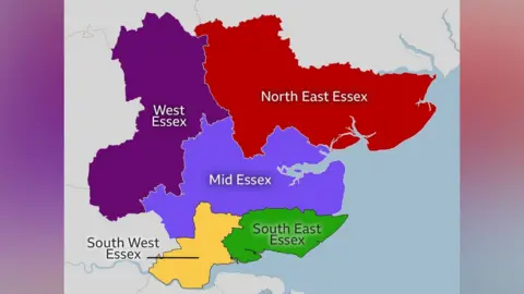 A coloured map showing where each of the new councils in Essex would be under the model of having five all-purpose councils. They are West Essex, North East Essex, Mid Essex, South East Essex and South West Essex.