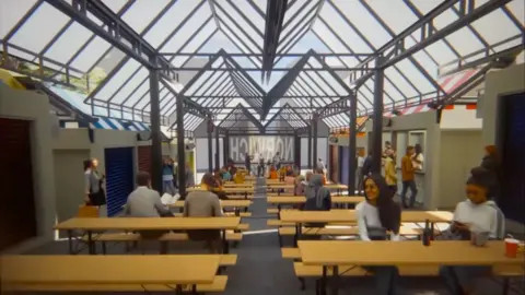 Computer generated image shows people sat at tables inside Norwich Market