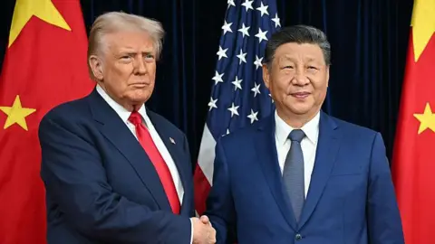 President Donald Trump and Xi Jinping shake hands as they pose for pictures