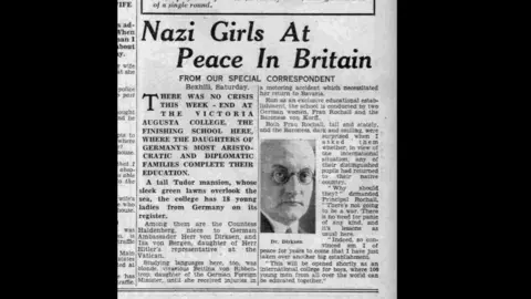 Bexhill Museum A newspaper excerpt from The People newspaper 30 April 1939 which reported that the founder of the Augusta Victoria College, Frau Helena Rocholl, insisted that a war was not coming.