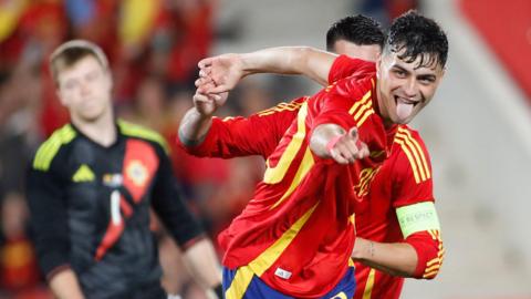 Pedri celebrates scoring for Spain