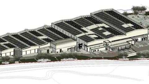 Apetito A warehouse in a planning document with flat roofs and circular bins outside.