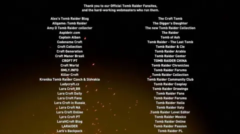Amy Dyson/Square Enix A screenshot of a section of credits from the game Shadow of the Tomb Raider thanks many websites and blogs dedicated to the franchise.