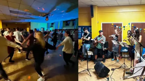 Brislington Welcome Split image: To the left people hold hands and dance in a circle; to the right a group of musicians play instruments among speakers, microphones and music stands. 