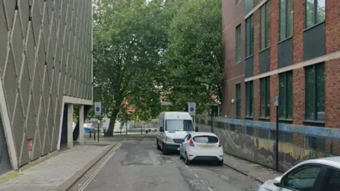 Assembly Rooms Lane in Bristol on an overcast day